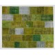 Handmade Patchwork Rug in Shades of Light Green, Modern Look Turkish Wool Carpet