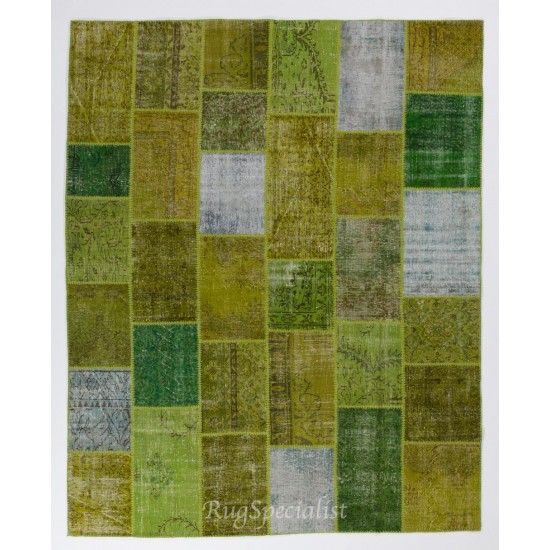 Handmade Patchwork Rug in Shades of Light Green, Custom Turkish Wool Carpet for Modern Home and Office Decor