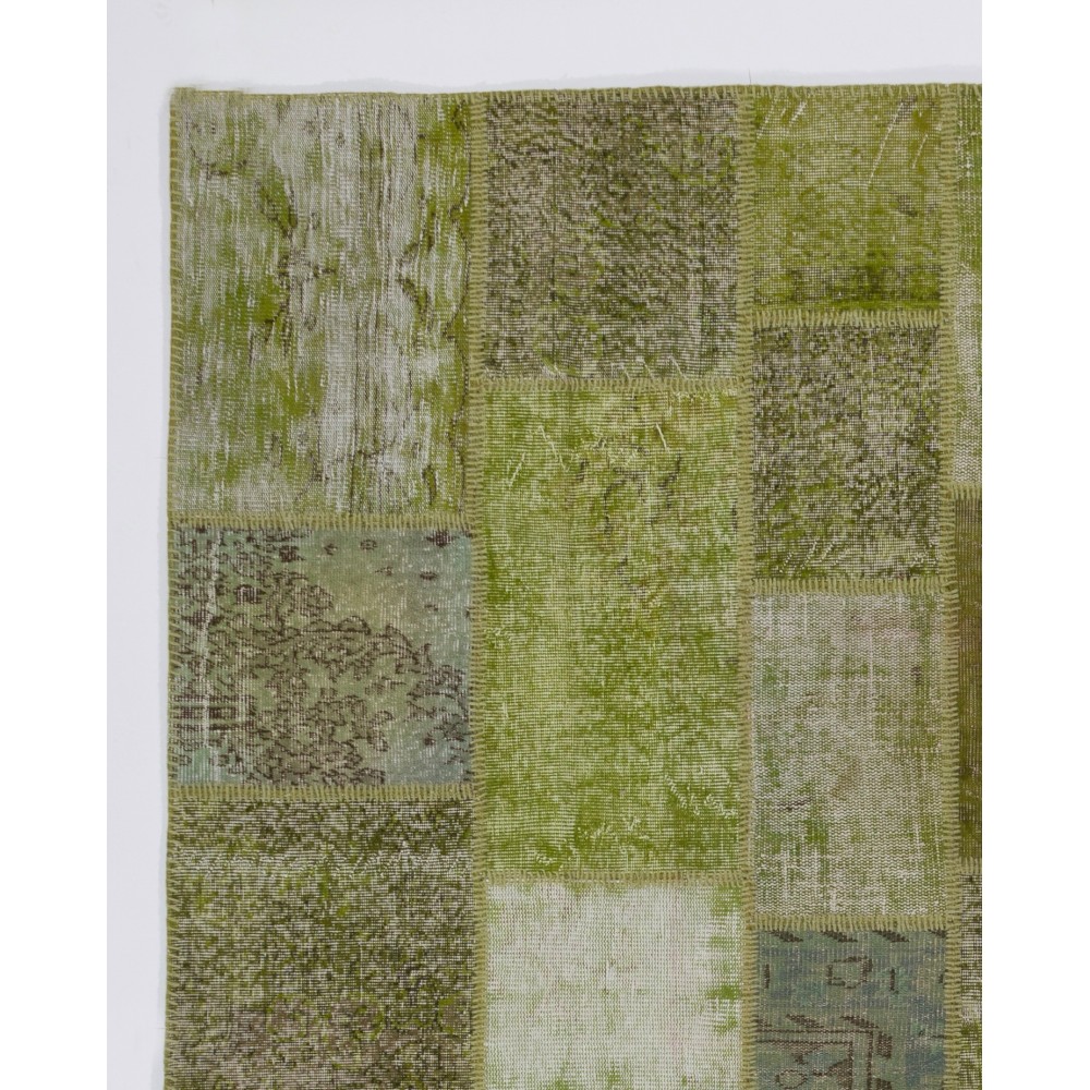 Handknotted Green Overdyed Patchwork Rug | Contemporary Turkish Wool Carpet for Living Room, Bedroom and Kitchen Handknotted Green Overdyed Patchwork Rug | Contemporary Turkish Wool Carpet for Living Room, Bedroom and Kitchen