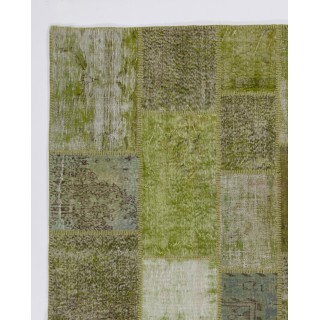 Handknotted Green Overdyed Patchwork Rug | Contemporary Turkish Wool Carpet for Living Room, Bedroom and Kitchen