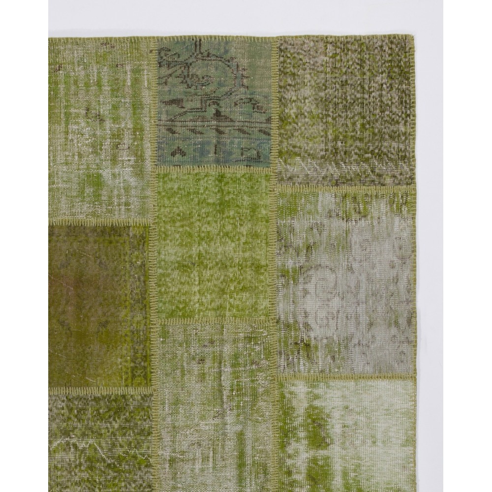 Handknotted Green Overdyed Patchwork Rug | Contemporary Turkish Wool Carpet for Living Room, Bedroom and Kitchen Handknotted Green Overdyed Patchwork Rug | Contemporary Turkish Wool Carpet for Living Room, Bedroom and Kitchen