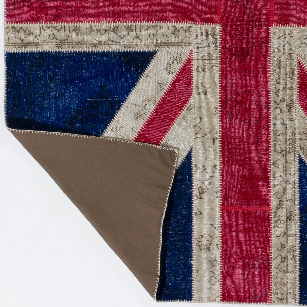 Modern Handmade Patchwork Rug with Union Jack British Flag Design | Hand-Knotted United Kingdom Flag Pattern Blue Carpet