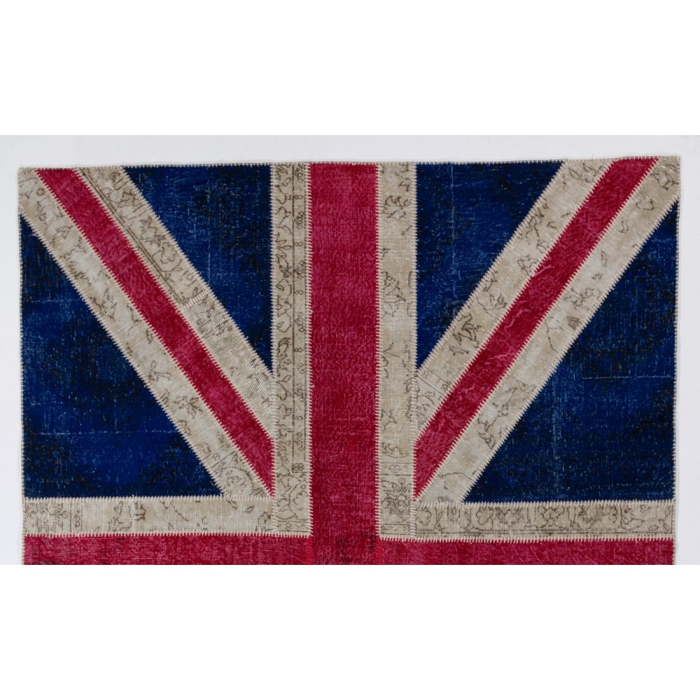 Union Jack British Flag Design Patchwork Rug, Custom Handmade Carpet in Blue, Red & Cream