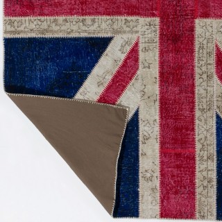 Modern Handmade Patchwork Rug with Union Jack British Flag Design | Hand-Knotted United Kingdom Flag Pattern Blue Carpet