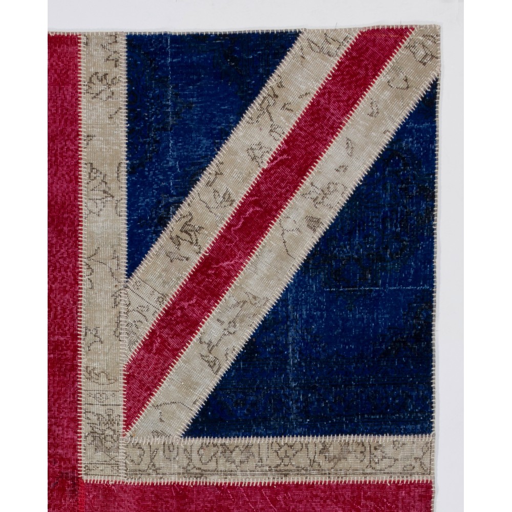 Modern Handmade Patchwork Rug with Union Jack British Flag Design | Hand-Knotted United Kingdom Flag Pattern Blue Carpet
