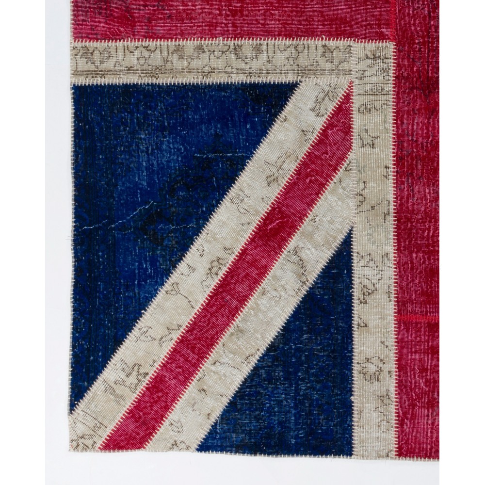 Modern Handmade Patchwork Rug with Union Jack British Flag Design | Hand-Knotted United Kingdom Flag Pattern Blue Carpet