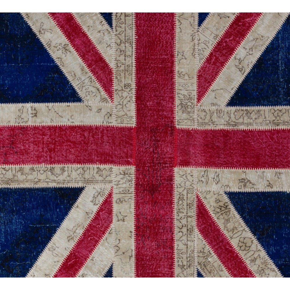 Union Jack British Flag Design Patchwork Rug, Custom Handmade Carpet in Blue, Red & Cream