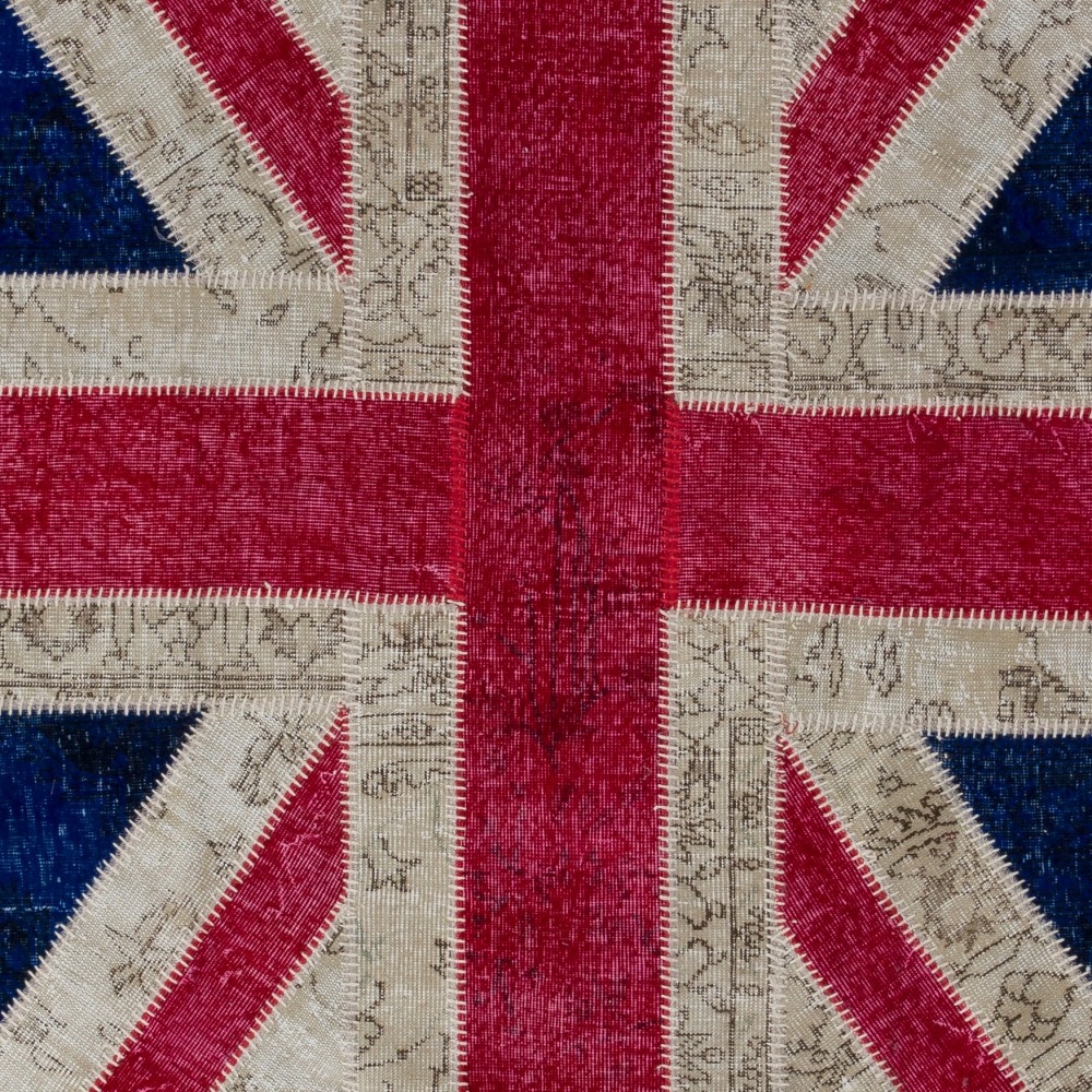 Modern Handmade Patchwork Rug with Union Jack British Flag Design | Hand-Knotted United Kingdom Flag Pattern Blue Carpet