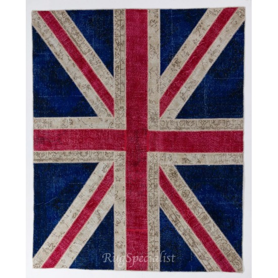 Union Jack British Flag Design Patchwork Rug, Custom Handmade Carpet in Blue, Red & Cream