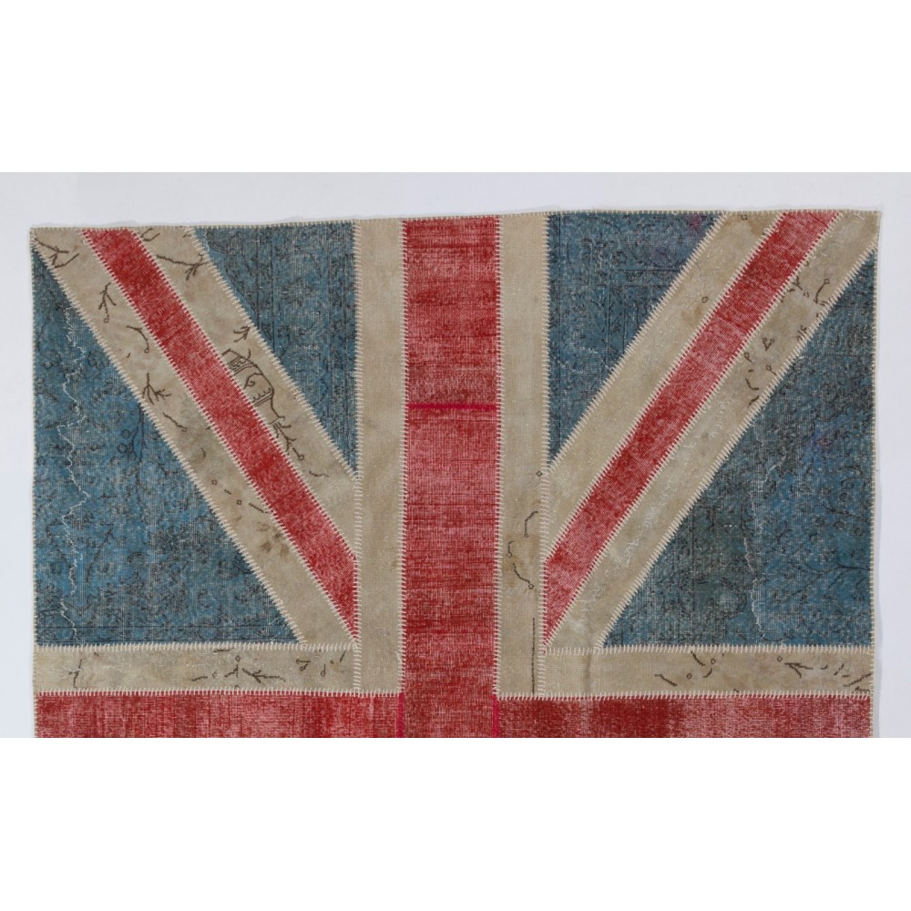 Union Jack British Flag Design Rug. Handmade Wool Patchwork Rug in Blue, Red and Cream. United Kingdom Carpet for Modern Interiors