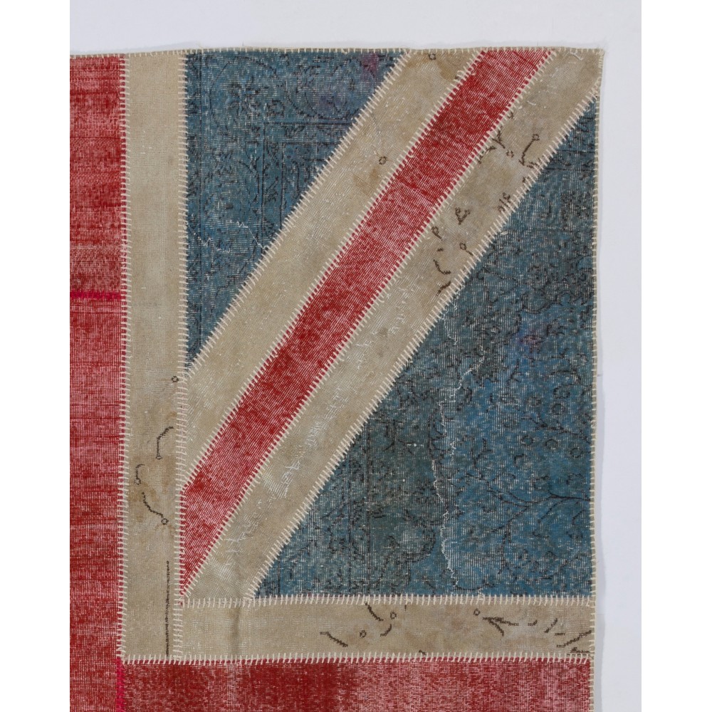 Union Jack British Flag Design Patchwork Rug | Hand-Knotted United Kingdom Flag Pattern Blue Carpet Union Jack British Flag Design Patchwork Rug | Hand-Knotted United Kingdom Flag Pattern Blue Carpet