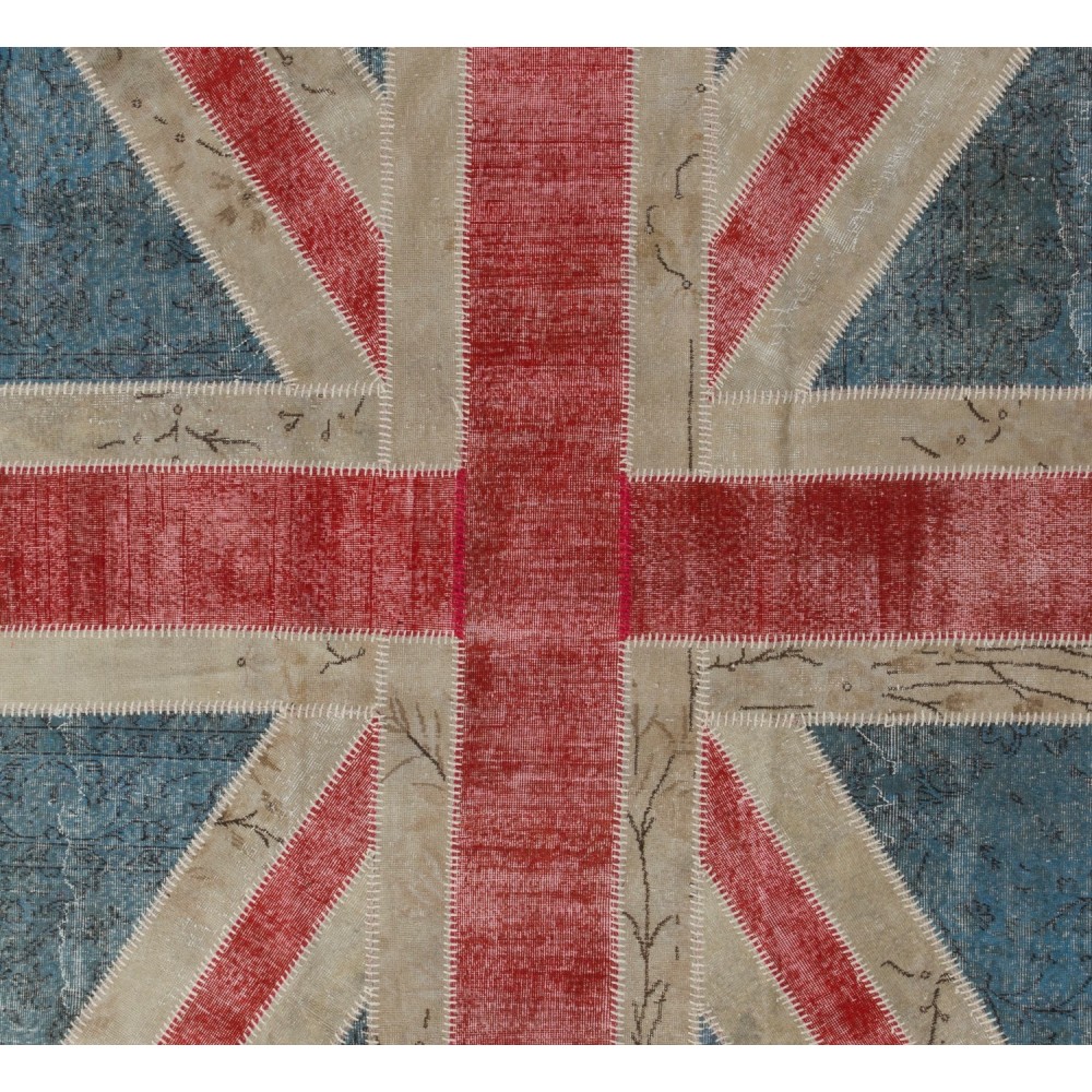 Union Jack British Flag Design Rug. Handmade Wool Patchwork Rug in Blue, Red and Cream. United Kingdom Carpet for Modern Interiors