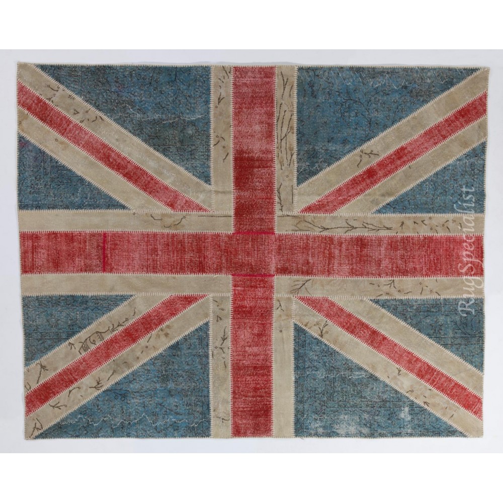 Union Jack British Flag Design Rug. Handmade Wool Patchwork Rug in Blue, Red and Cream. United Kingdom Carpet for Modern Interiors