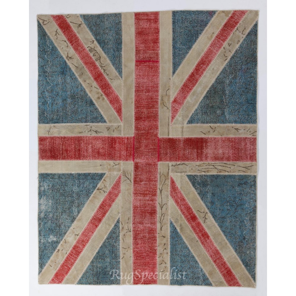 Union Jack British Flag Design Rug. Handmade Wool Patchwork Rug in Blue, Red and Cream. United Kingdom Carpet for Modern Interiors