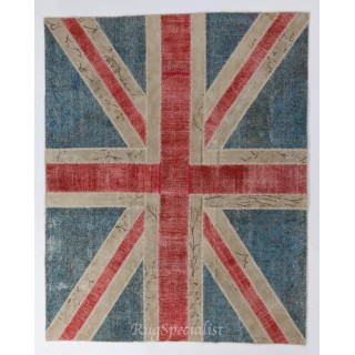 Union Jack British Flag Design Rug. Handmade Wool Patchwork Rug in Blue, Red and Cream. United Kingdom Carpet for Modern Interiors