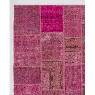 Hand-Knotted Pink Patchwork Rug | Contemporary Overdyed Turkish Wool Carpet for Living Room, Bedroom and Dining Room