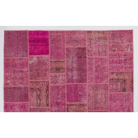 Pink Handmade Patchwork Rug. Modern Turkish Carpet for Living Room, Dining Room, Kitchen, Kids Room and Bedroom Decor