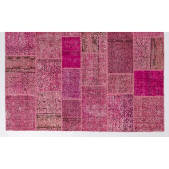 Pink Handmade Patchwork Rug. Modern Turkish Carpet for Living Room, Dining Room, Kitchen, Kids Room and Bedroom Decor