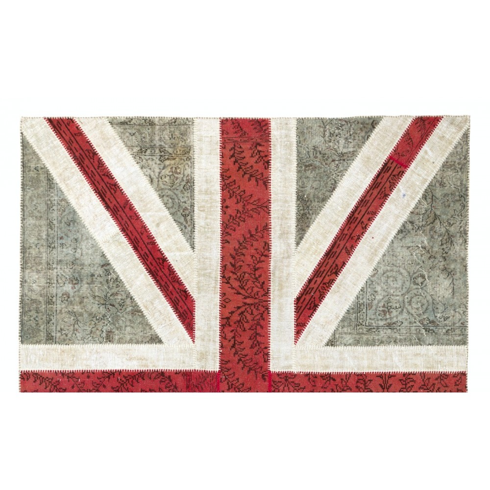 United Kingdom Flag Pattern Hand-Knotted Patchwork Rug in Faded Blue, Red and Cream. Modern Union Jack British Flag Design Carpet