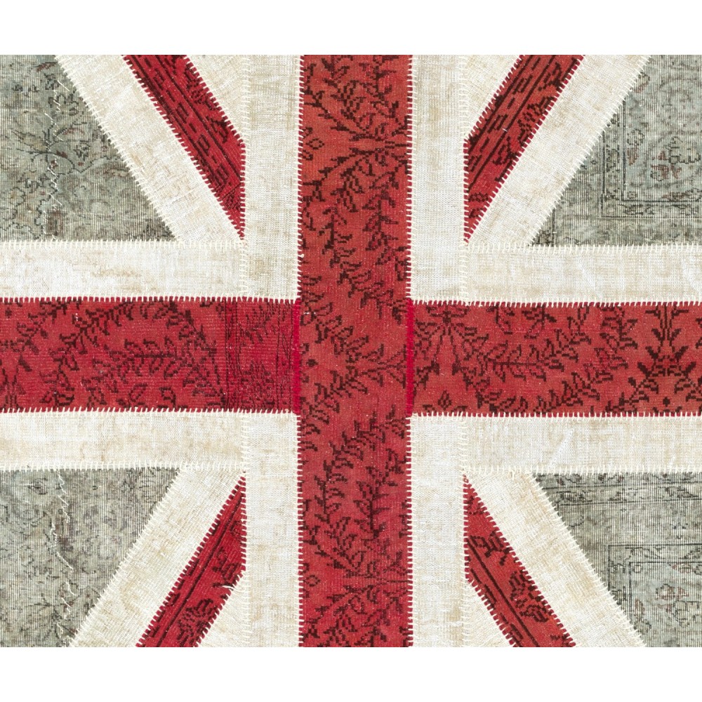 United Kingdom Flag Pattern Hand-Knotted Patchwork Rug in Faded Blue, Red and Cream. Modern Union Jack British Flag Design Carpet