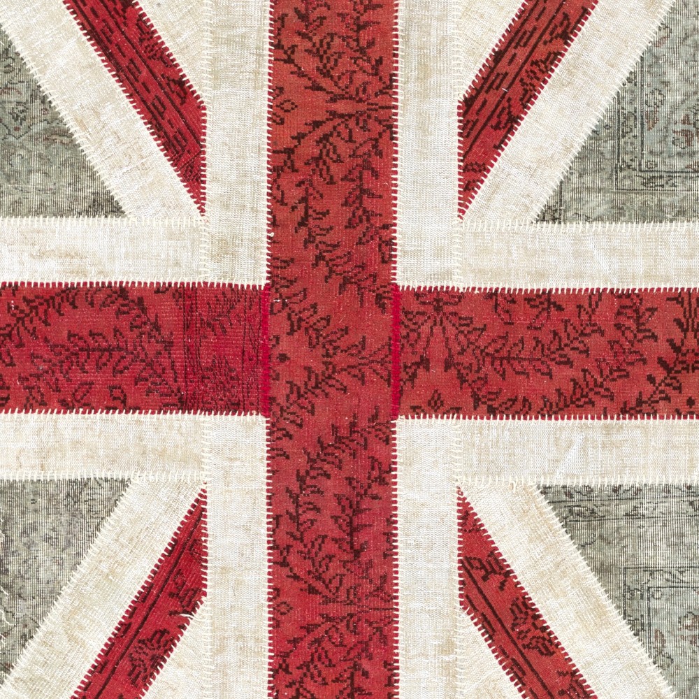 United Kingdom Flag Pattern Hand-Knotted Patchwork Rug in Faded Blue, Red and Beige | Union Jack British Flag Design Carpet United Kingdom Flag Pattern Hand-Knotted Patchwork Rug in Faded Blue, Red and Beige | Union Jack British Flag Design Carpet