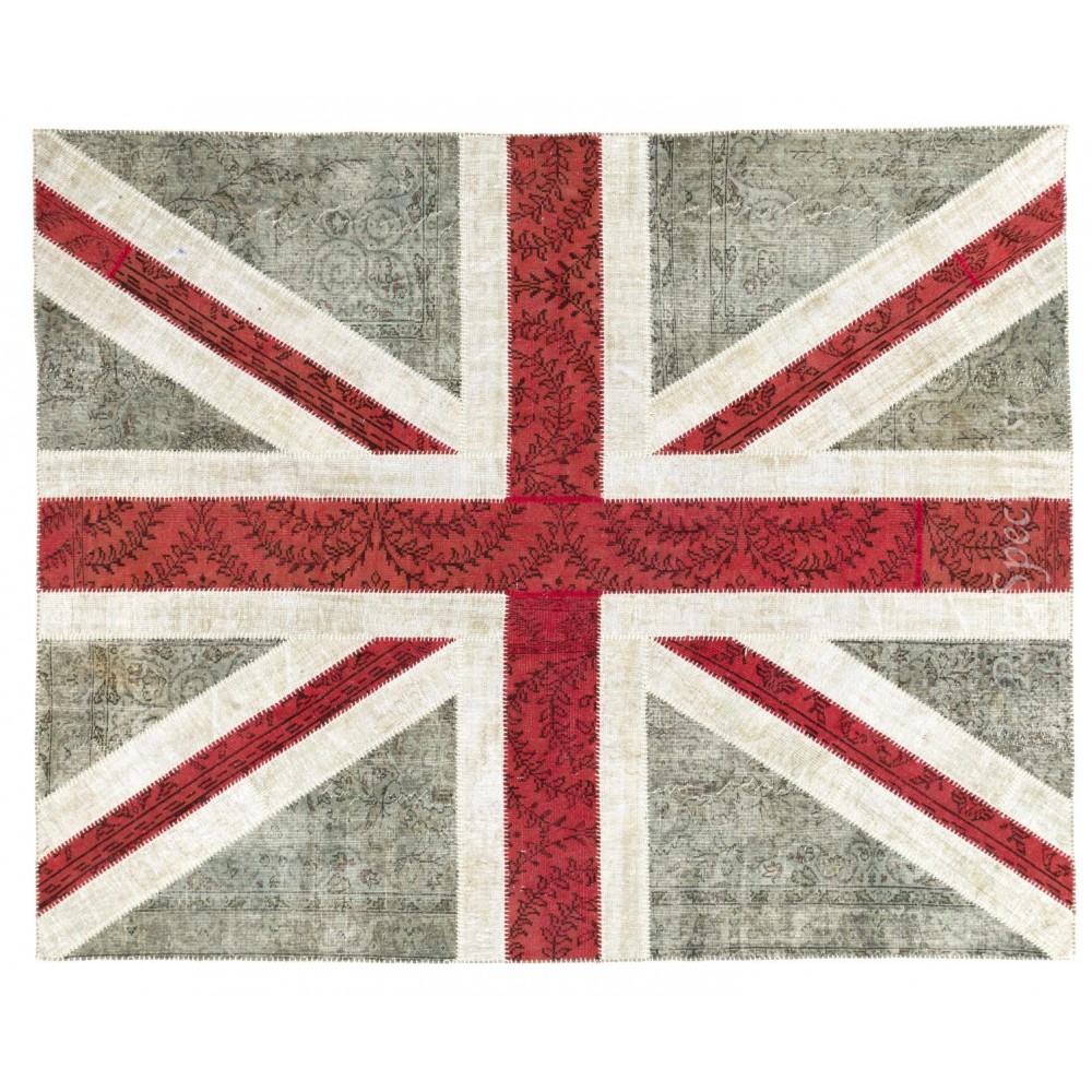 United Kingdom Flag Pattern Hand-Knotted Patchwork Rug in Faded Blue, Red and Cream. Modern Union Jack British Flag Design Carpet