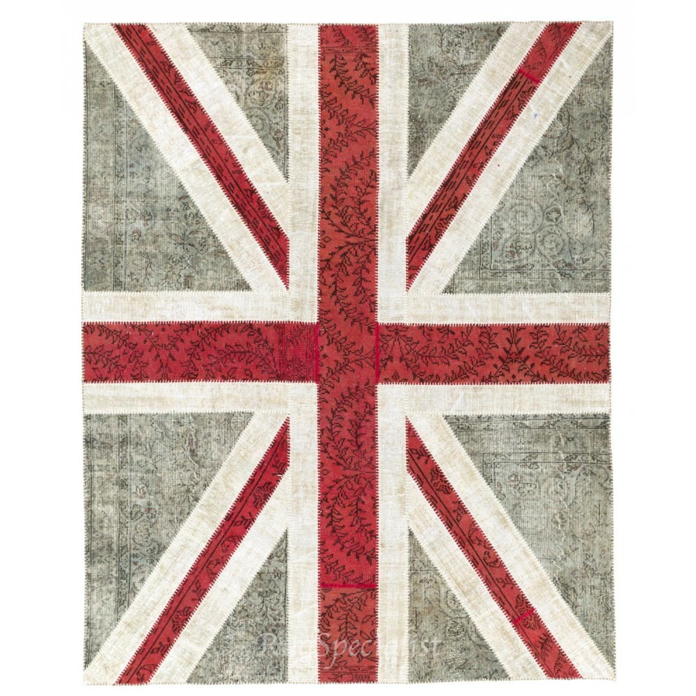 United Kingdom Flag Pattern Hand-Knotted Patchwork Rug in Faded Blue, Red and Cream. Modern Union Jack British Flag Design Carpet