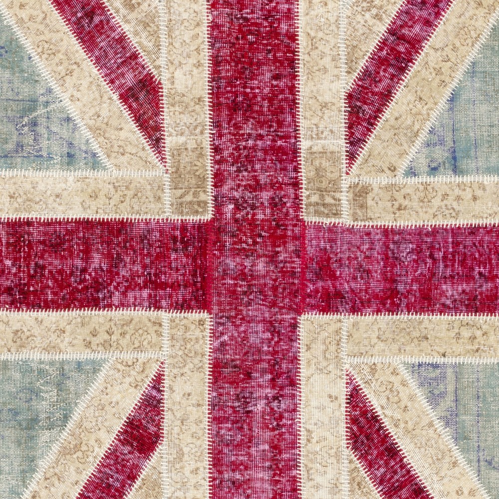 Union Jack British Flag Patchwork Rug | Hand-Knotted Red Blue Beige Overdyed Vintage Wool Carpet Union Jack British Flag Patchwork Rug | Hand-Knotted Red Blue Beige Overdyed Vintage Wool Carpet