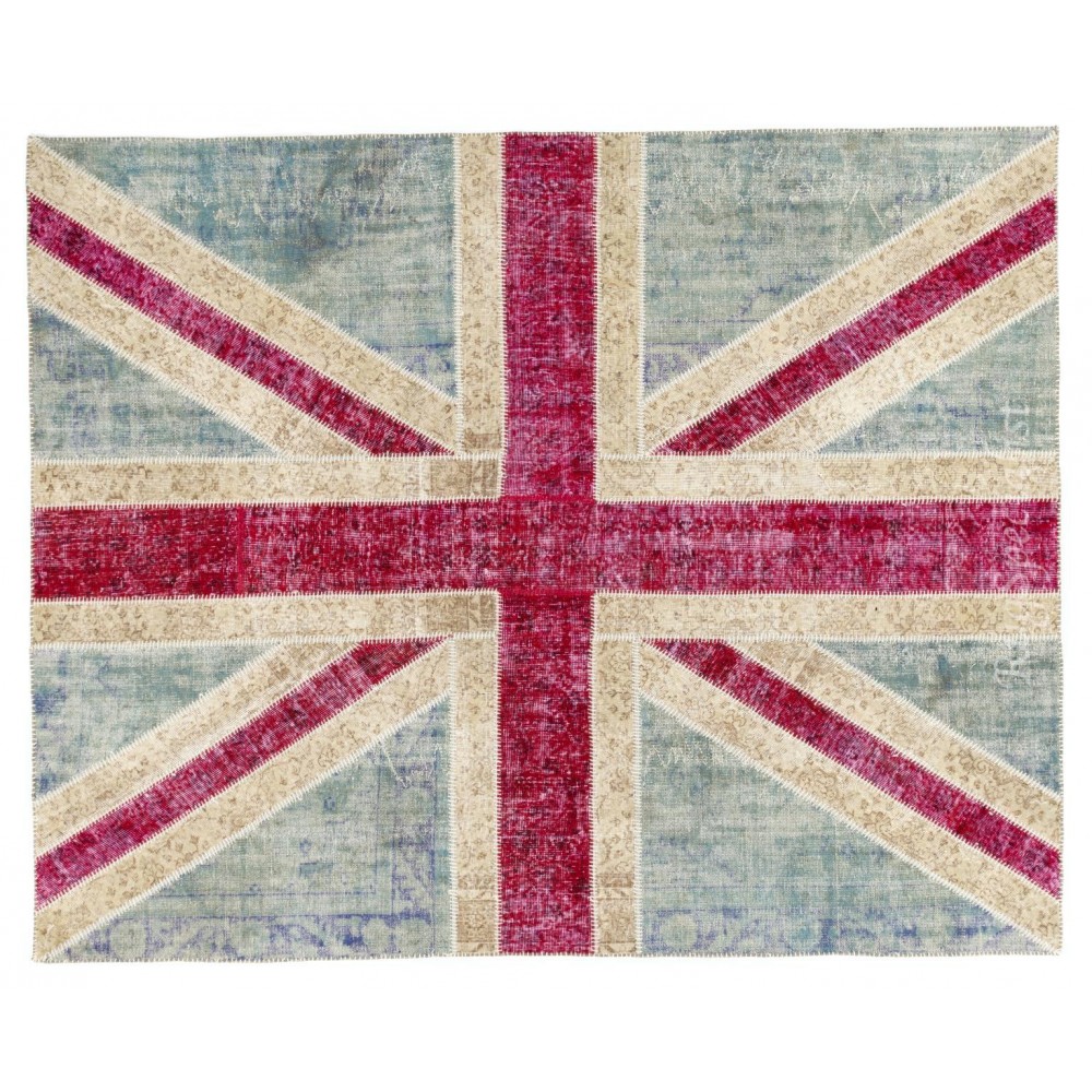 Union Jack British Flag Design Patchwork Rug Made from Re-Dyed Vintage Carpets