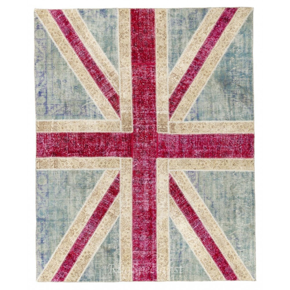 Union Jack British Flag Design Patchwork Rug Made from Re-Dyed Vintage Carpets