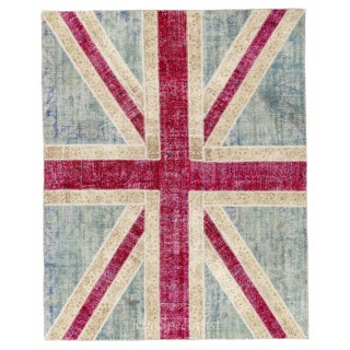 Union Jack British Flag Design Patchwork Rug Made from Re-Dyed Vintage Carpets