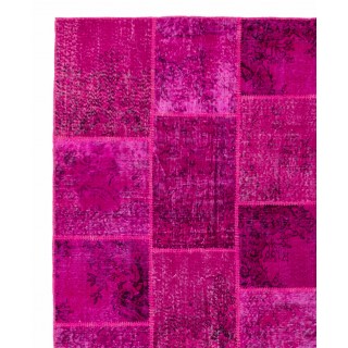 Hand-Knotted Bright Pink Patchwork Rug for Living Room, Bedroom and Dining Room | Contemporary Overdyed Turkish Wool Carpet