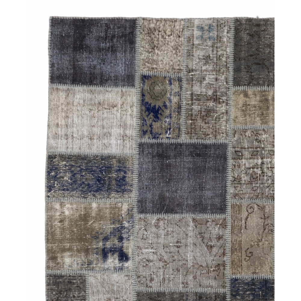 Contemporary Gray, Blue and Beige Patchwork Rug | Hand-Knotted Turkish Overdyed Wool Carpet