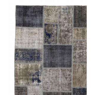 Contemporary Gray, Blue and Beige Patchwork Rug | Hand-Knotted Turkish Overdyed Wool Carpet Contemporary Gray, Blue and Beige Patchwork Rug | Hand-Knotted Turkish Overdyed Wool Carpet