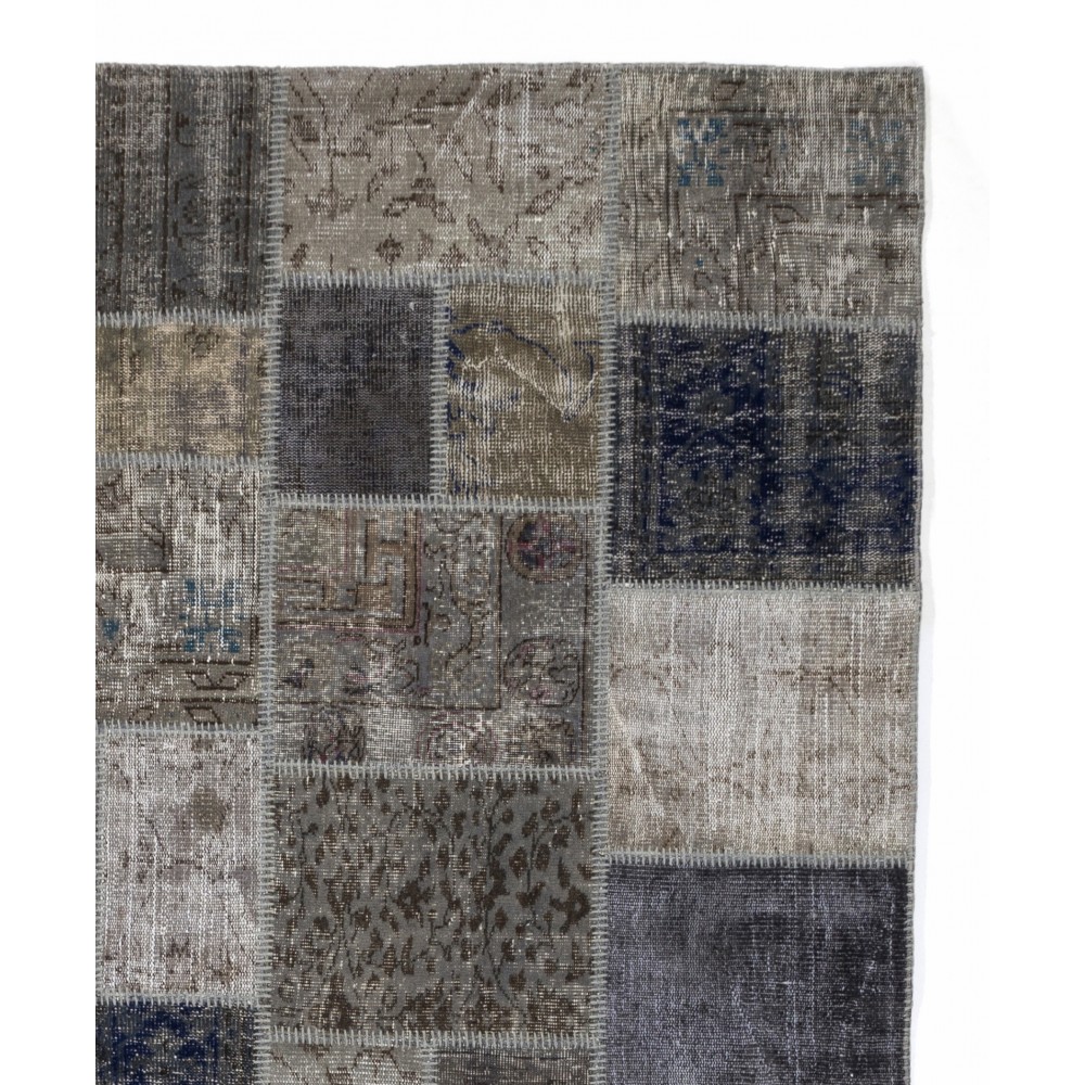 Contemporary Gray, Blue and Beige Patchwork Rug | Hand-Knotted Turkish Overdyed Wool Carpet