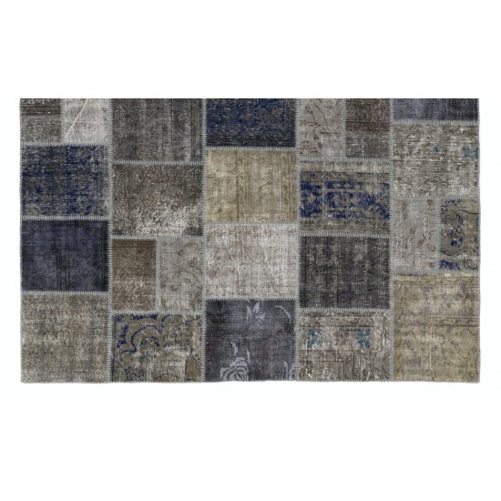 Modern Patchwork Rug in Gray & Navy Blue, Handmade Turkish Carpet, Made to order, Customizable