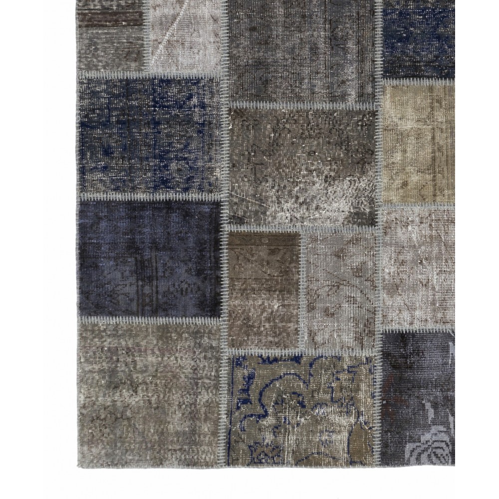 Contemporary Gray, Blue and Beige Patchwork Rug | Hand-Knotted Turkish Overdyed Wool Carpet
