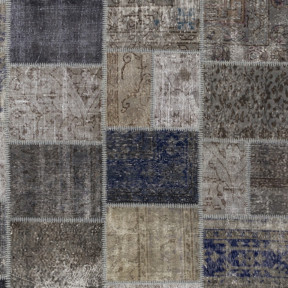 Contemporary Gray, Blue and Beige Patchwork Rug | Hand-Knotted Turkish Overdyed Wool Carpet