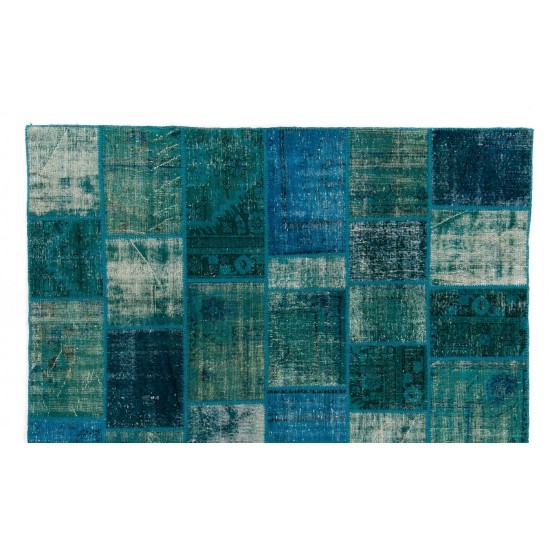 Contemporary Hand Knotted Patchwork Rug in Shades of Teal, Blue, Aqua Blue and Turquoise, Handmade Turkish Carpet, Floor Covering