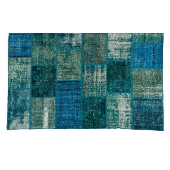 Contemporary Hand Knotted Patchwork Rug in Shades of Teal, Blue, Aqua Blue and Turquoise, Handmade Turkish Carpet, Floor Covering