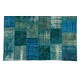 Contemporary Hand Knotted Patchwork Rug in Shades of Teal, Blue, Aqua Blue and Turquoise, Handmade Turkish Carpet, Floor Covering