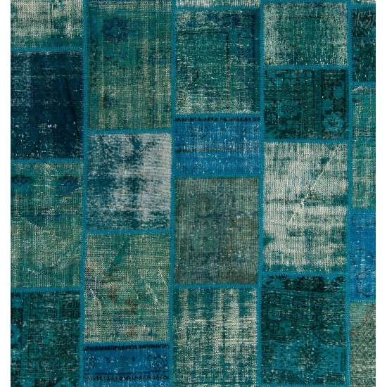 Contemporary Hand Knotted Patchwork Rug in Shades of Teal, Blue, Aqua Blue and Turquoise, Handmade Turkish Carpet, Floor Covering Contemporary Hand Knotted Patchwork Rug in Shades of Teal, Blue, Aqua Blue and Turquoise, Handmade Turkish Carpet, Floor Covering