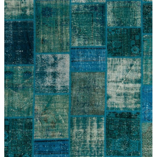 Contemporary Hand Knotted Patchwork Rug in Shades of Teal, Blue, Aqua Blue and Turquoise, Handmade Turkish Carpet, Floor Covering