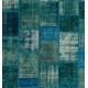 Contemporary Hand Knotted Patchwork Rug in Shades of Teal, Blue, Aqua Blue and Turquoise, Handmade Turkish Carpet, Floor Covering
