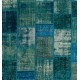 Contemporary Hand Knotted Patchwork Rug in Shades of Teal, Blue, Aqua Blue and Turquoise, Handmade Turkish Carpet, Floor Covering
