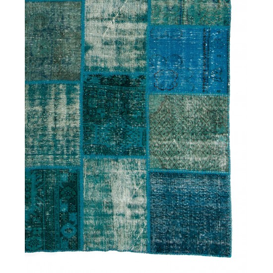 Contemporary Hand Knotted Patchwork Rug in Shades of Teal, Blue, Aqua Blue and Turquoise, Handmade Turkish Carpet, Floor Covering