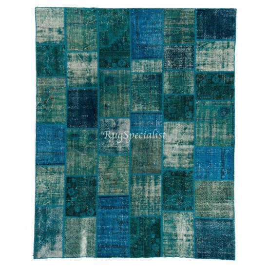 Contemporary Hand Knotted Patchwork Rug in Shades of Teal, Blue, Aqua Blue and Turquoise, Handmade Turkish Carpet, Floor Covering
