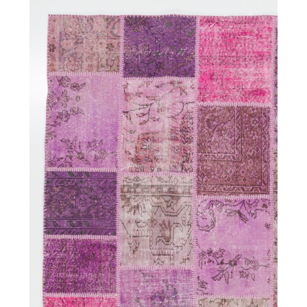 Hand-Knotted Pink and Purple Patchwork Rug for Living Room, Bedroom and Dining Room | Contemporary Overdyed Turkish Wool Carpet