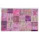 Handmade Patchwork Rug in Shades of Pink & Purple, Modern Turkish Carpet, Woolen Floor Covering