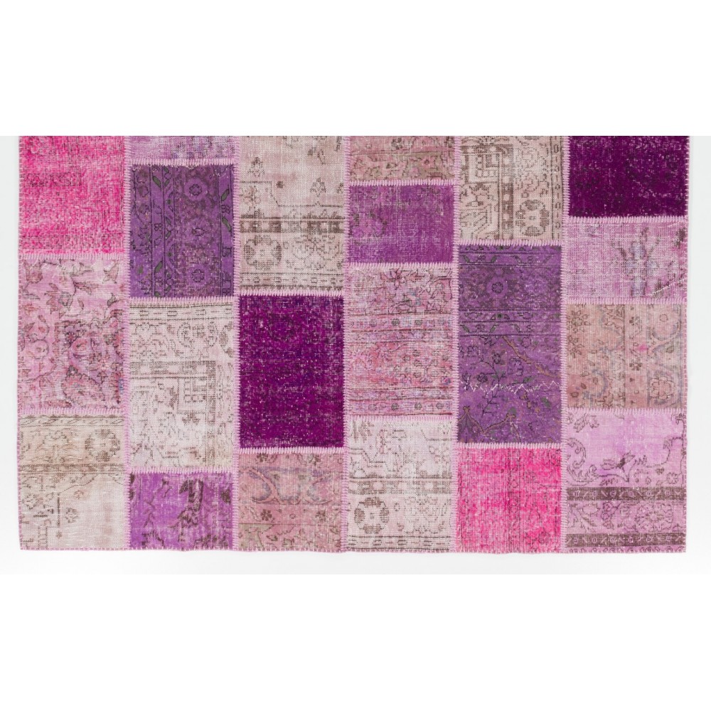Handmade Patchwork Rug in Shades of Pink & Purple, Modern Turkish Carpet, Woolen Floor Covering